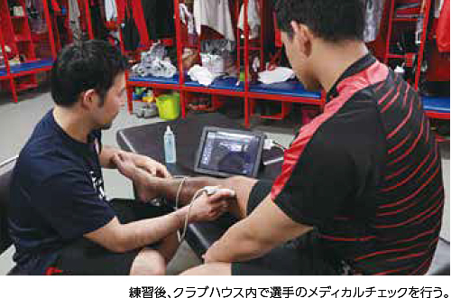 練習後、クラブハウス内で選手のメディカルチェックを行う。